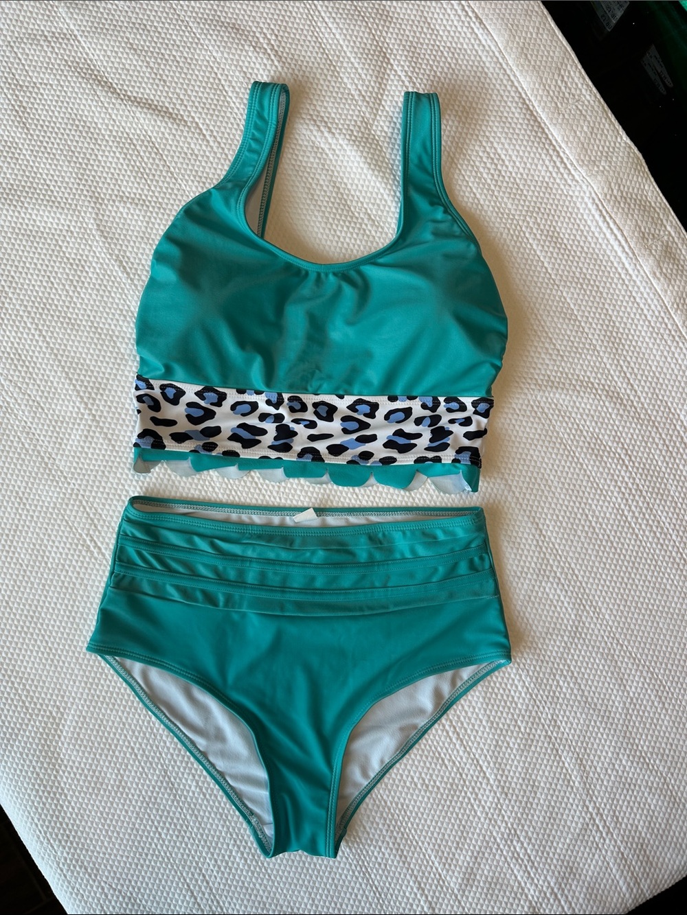 Aqua Leopard Print Scallop High Waist Bikini Set Size S